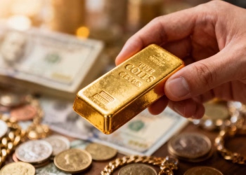 Main d'or tenant une barre d'or, divers actifs financiers en arrière-plan.