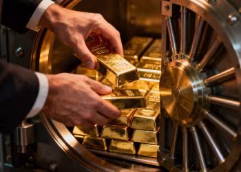Mains plaçant des lingots d'or dans un coffre-fort.
