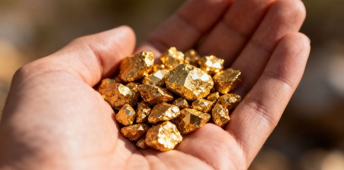 يد ذهبية تحمل قطعًا ذهبية لامعة.