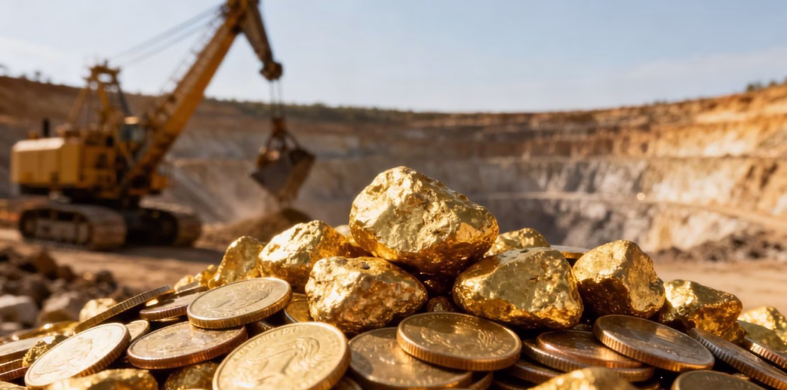 Lingots d'or et pièces, mine d'or en arrière-plan.