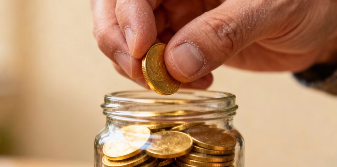 Mains plaçant des pièces d'or dans un bocal en verre.