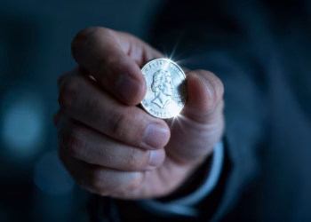 Main d'une personne tenant une pièce d'argent.