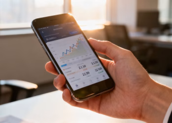 Main d'une personne tenant un smartphone avec une application financière.