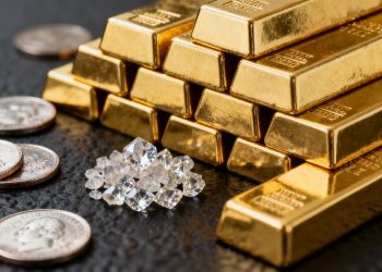 Lingots d'or, pièces d'argent et diamants bruts.