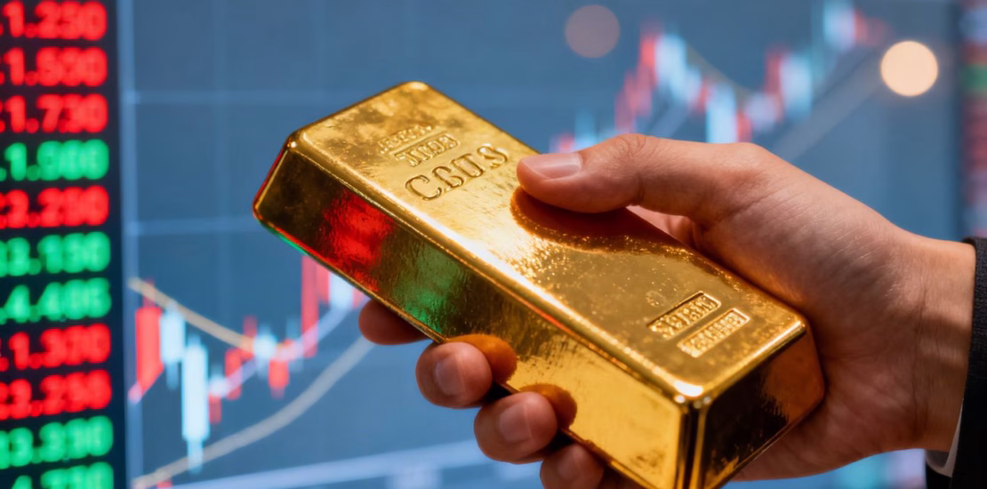 Main d'or tenant une barre d'or, symbole de l'investissement.