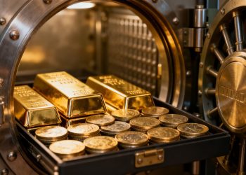 Lingots et pièces d’or dans un coffre-fort ouvert