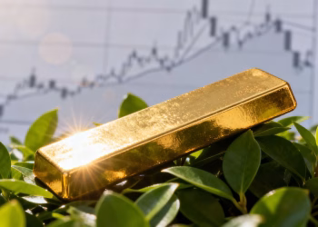 Lingot d'or sur des feuilles vertes, symbolisant l'investissement durable.