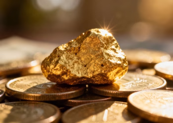 Nugget d'or sur des pièces, symbolisant l'investissement.