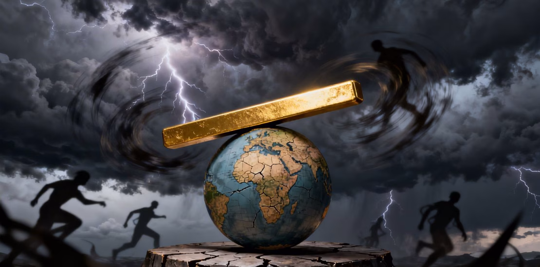 Lingot d'or sur un globe fissuré, ciel orageux.