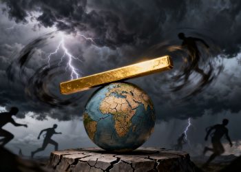 Lingot d'or sur un globe fissuré, ciel orageux.