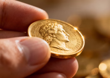 Золотая рука держит блестящую золотую монету.