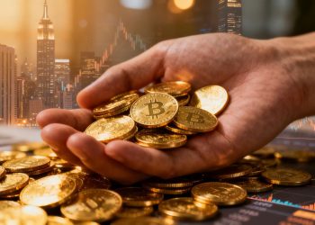 Main d'or tenant des pièces d'or, avec un fond économique flou.