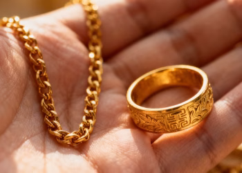 Main de femme tenant des bijoux en or