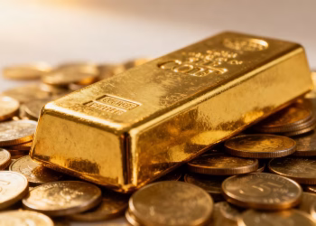 Barre d'or sur des pièces d'or