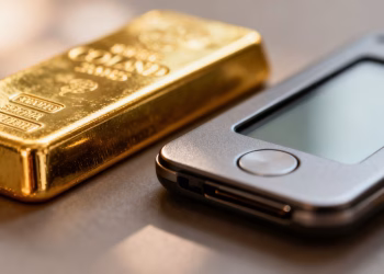 Lingot d'or à côté d'un portefeuille matériel numérique