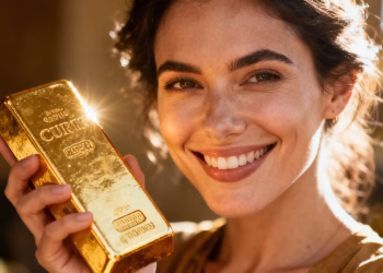 Femme souriante tenant une barre d'or brillante.