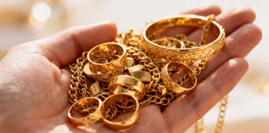 Bijoux en or brillants dans une main