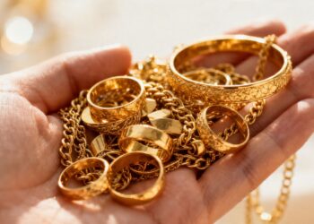 Bijoux en or brillants dans une main