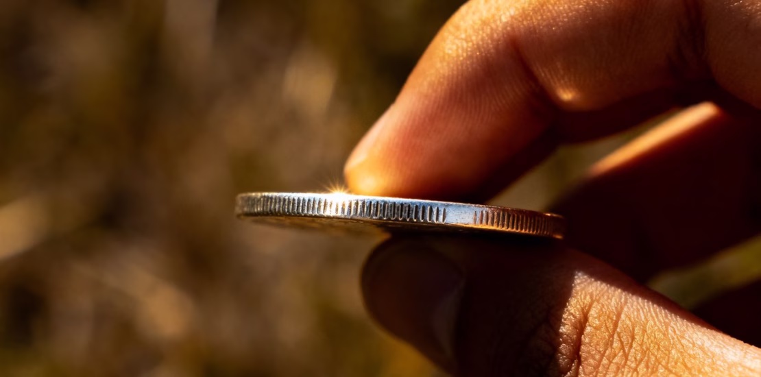 Main d'une personne tenant une pièce d'argent.