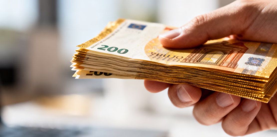 Main d'une personne tenant des billets en euros.