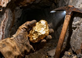 Main d'or tenant une pépite d'or dans une mine.