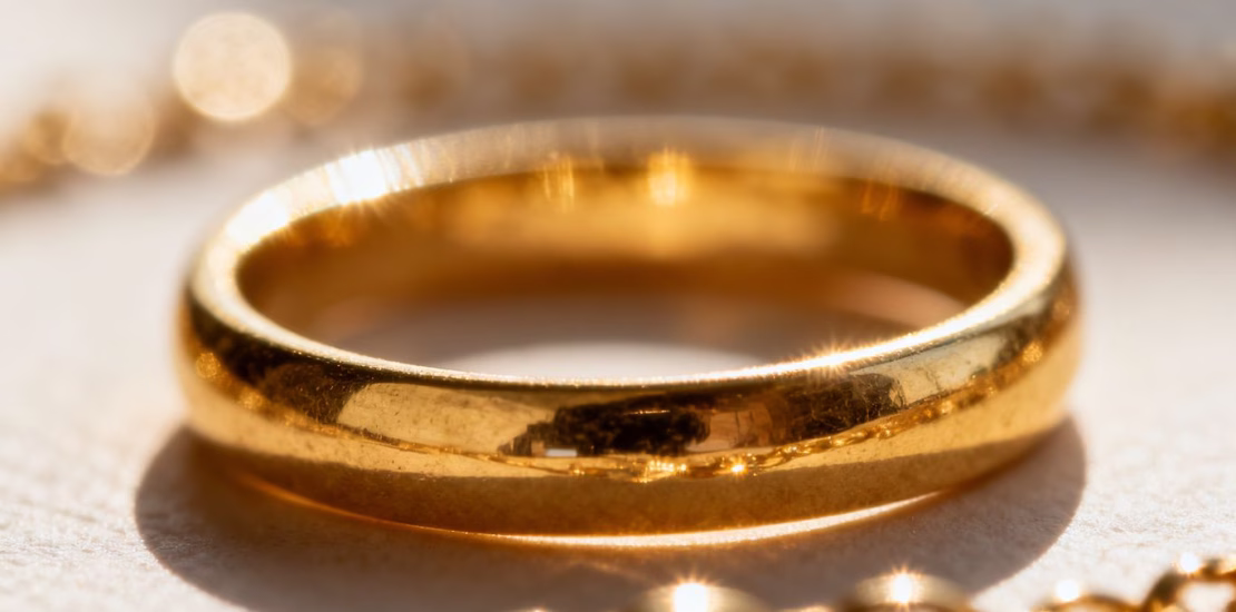 Lingots d'or et bijoux en or 18 carats brillants.