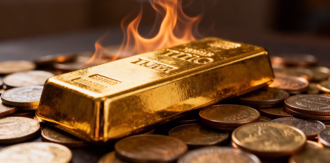 Lingot d'or sur des pièces, avec des vagues de chaleur.