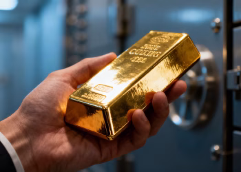 Main d'or tenant une barre d'or brillante.