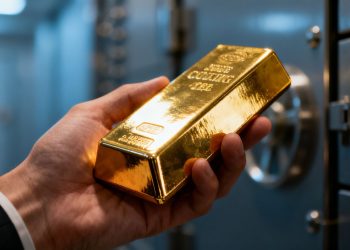 Main d'or tenant une barre d'or brillante.