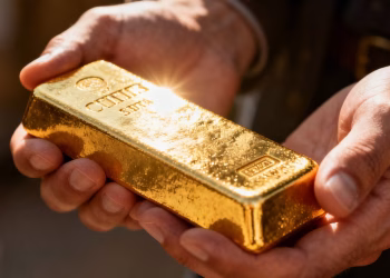 Barre d'or brillant dans une main, symbole de sécurité financière.