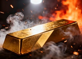 Lingot d'or en feu, explosion de poussière dorée.