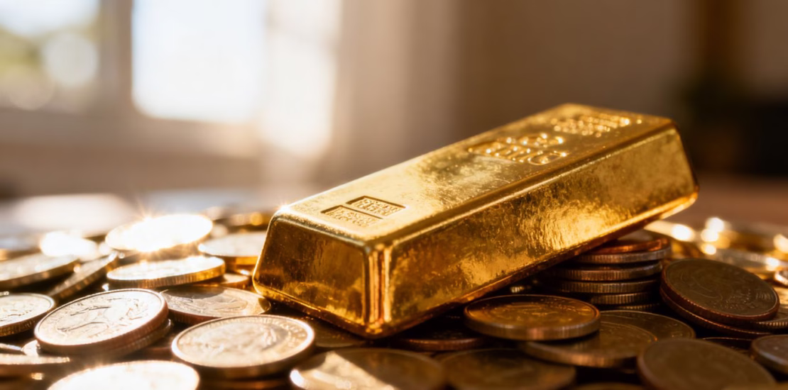 Barre d'or sur des pièces, investissement dans l'or.