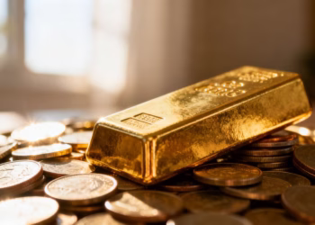 Barre d'or sur des pièces, investissement dans l'or.