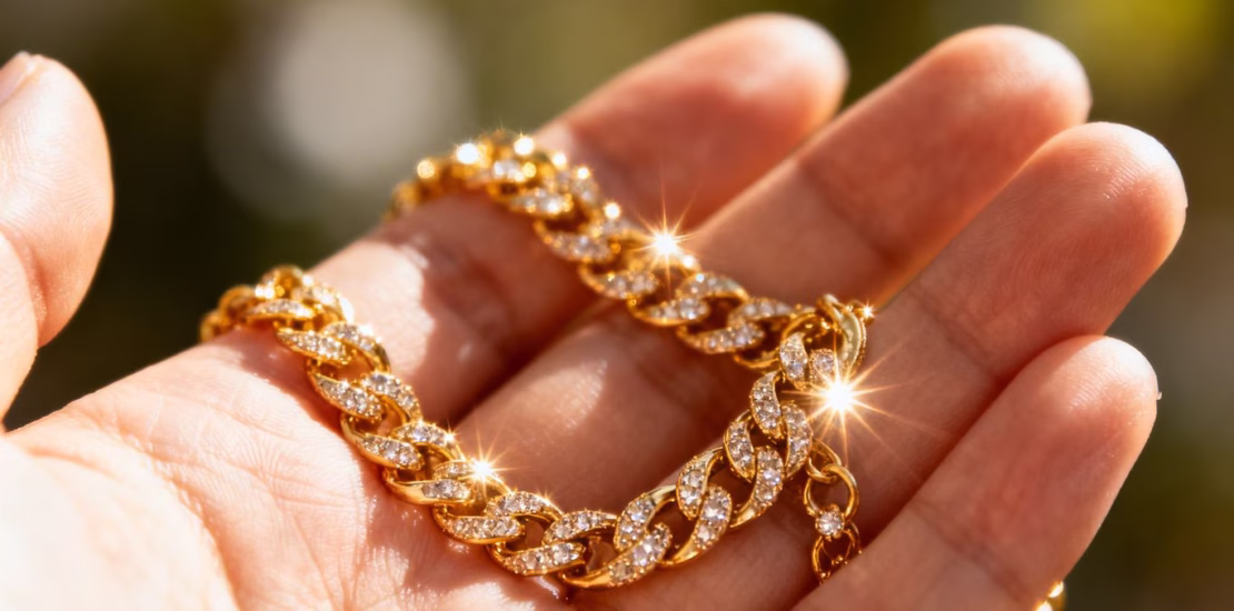 Main d'une personne tenant un collier en or brillant.