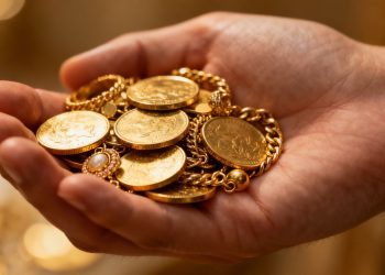 Main d'or tenant des pièces d'or et des bijoux brillants.