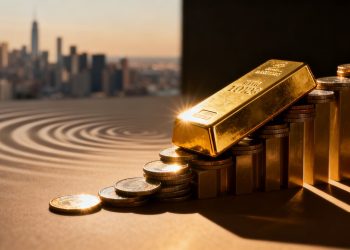 Lingot d'or sur des pièces avec effet d'inflation.