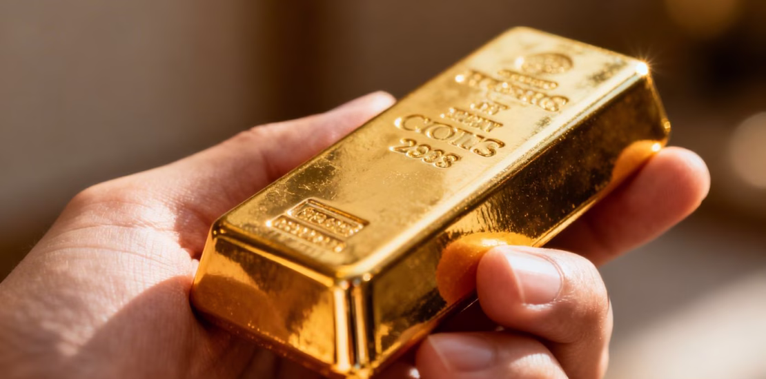 一只手握着一根闪亮的金条。