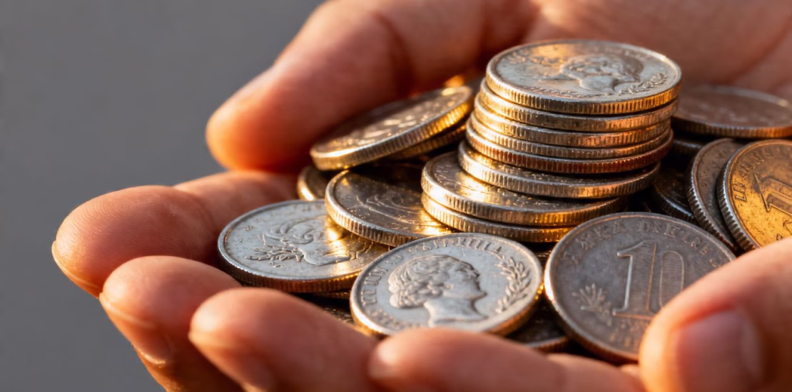 Main d'une personne tenant des pièces d'argent.