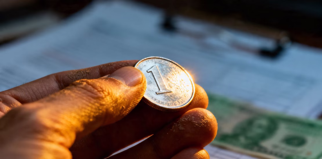 Main d'une personne tenant une pièce d'argent.
