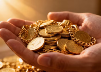 Main d'or tenant des pièces d'or et des bijoux.