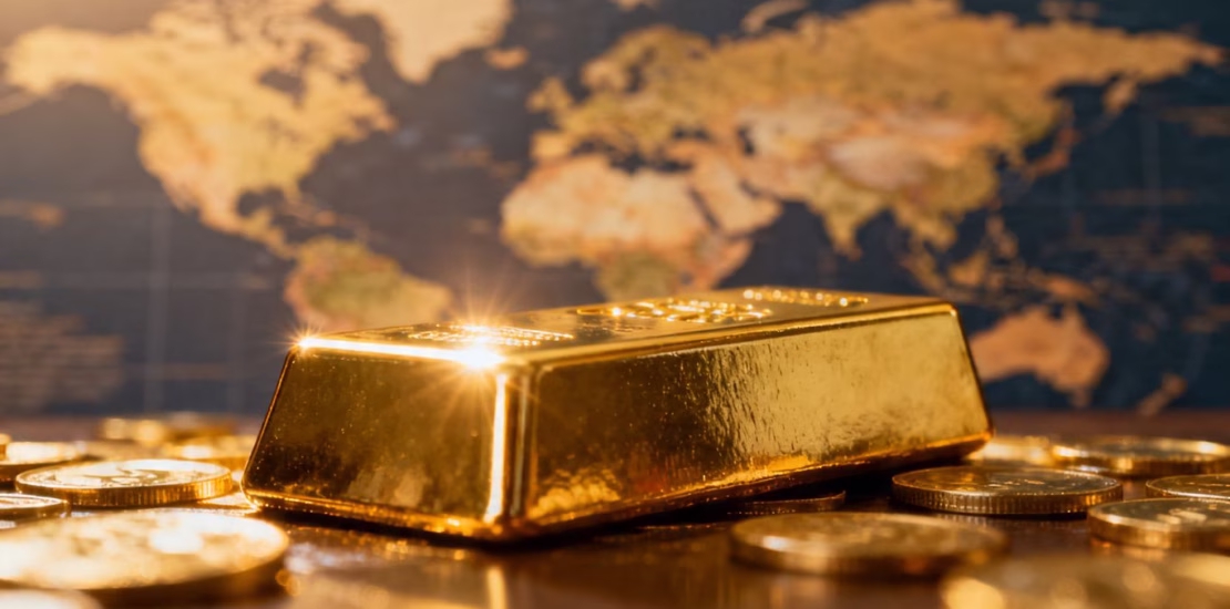 Lingot d'or sur fond de carte du monde floue.