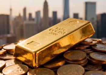 Lingot d'or sur des pièces avec une ville floue en arrière-plan.