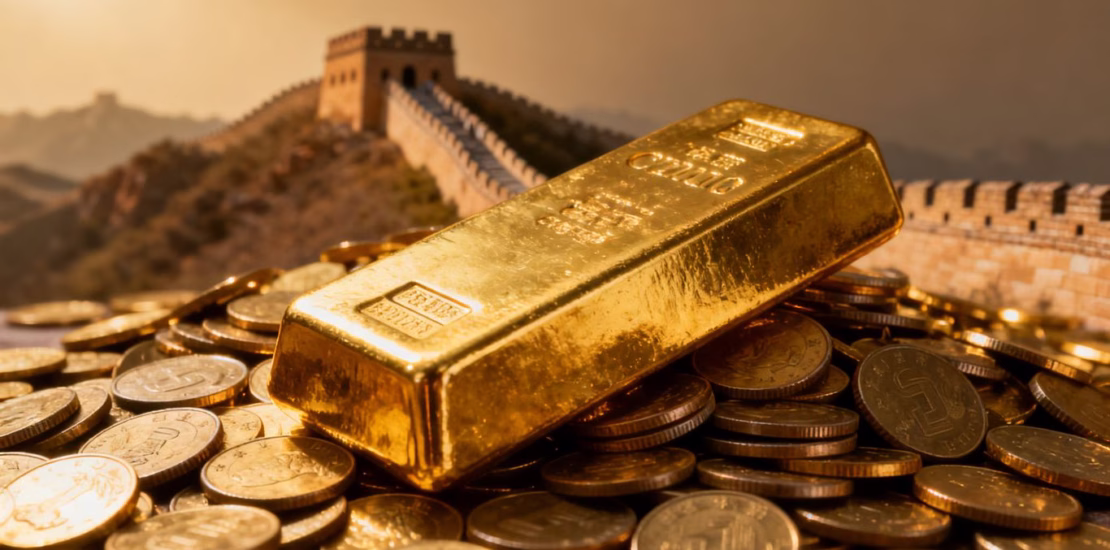 Lingot d'or et pièces d'or avec la Grande Muraille en arrière-plan.