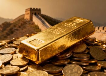 Lingot d'or et pièces d'or avec la Grande Muraille en arrière-plan.