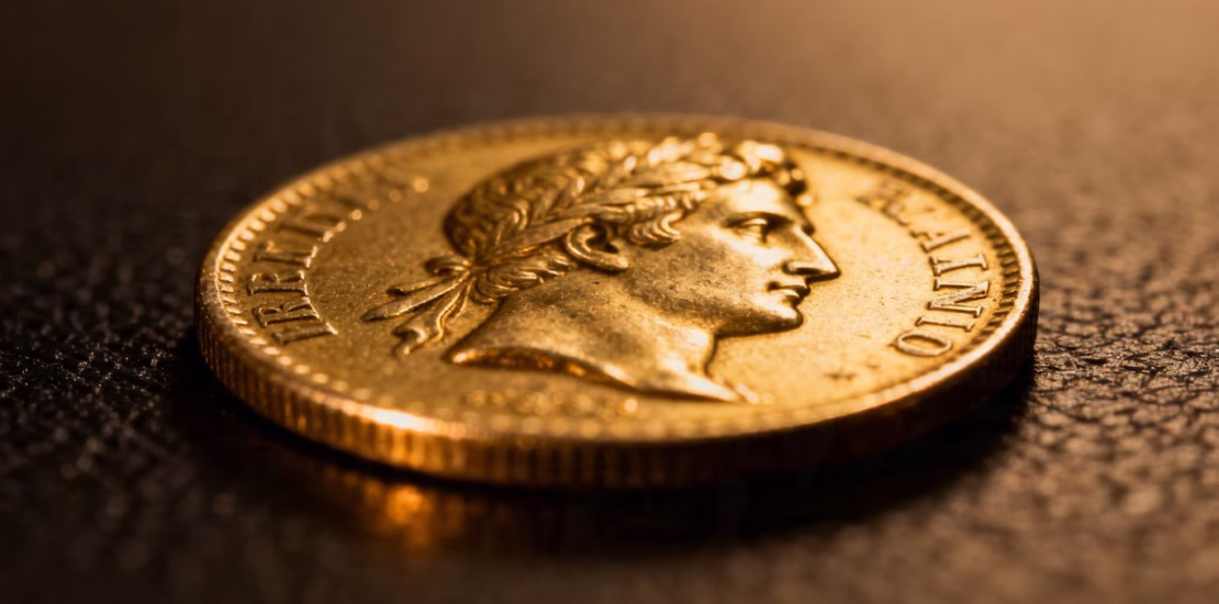 Pièce d'or Napoléon, gros plan, sur fond sombre.