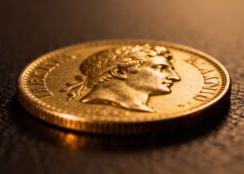 Pièce d'or Napoléon, gros plan, sur fond sombre.