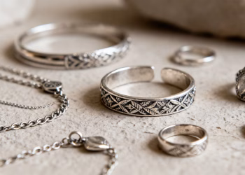 各种银饰摆放在中性背景上。