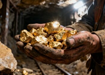 Mains de mineur tenant des pépites d'or brillantes.