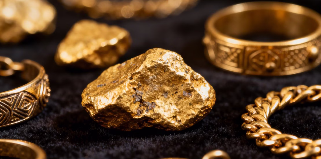 Lingots et bijoux en or recyclé brillants.