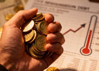 Main d'or tenant des pièces d'or, symbolisant la vente d'or pour dettes.